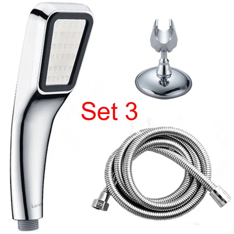 Orange hand-held pressurised shower head with rain function, complete shower set