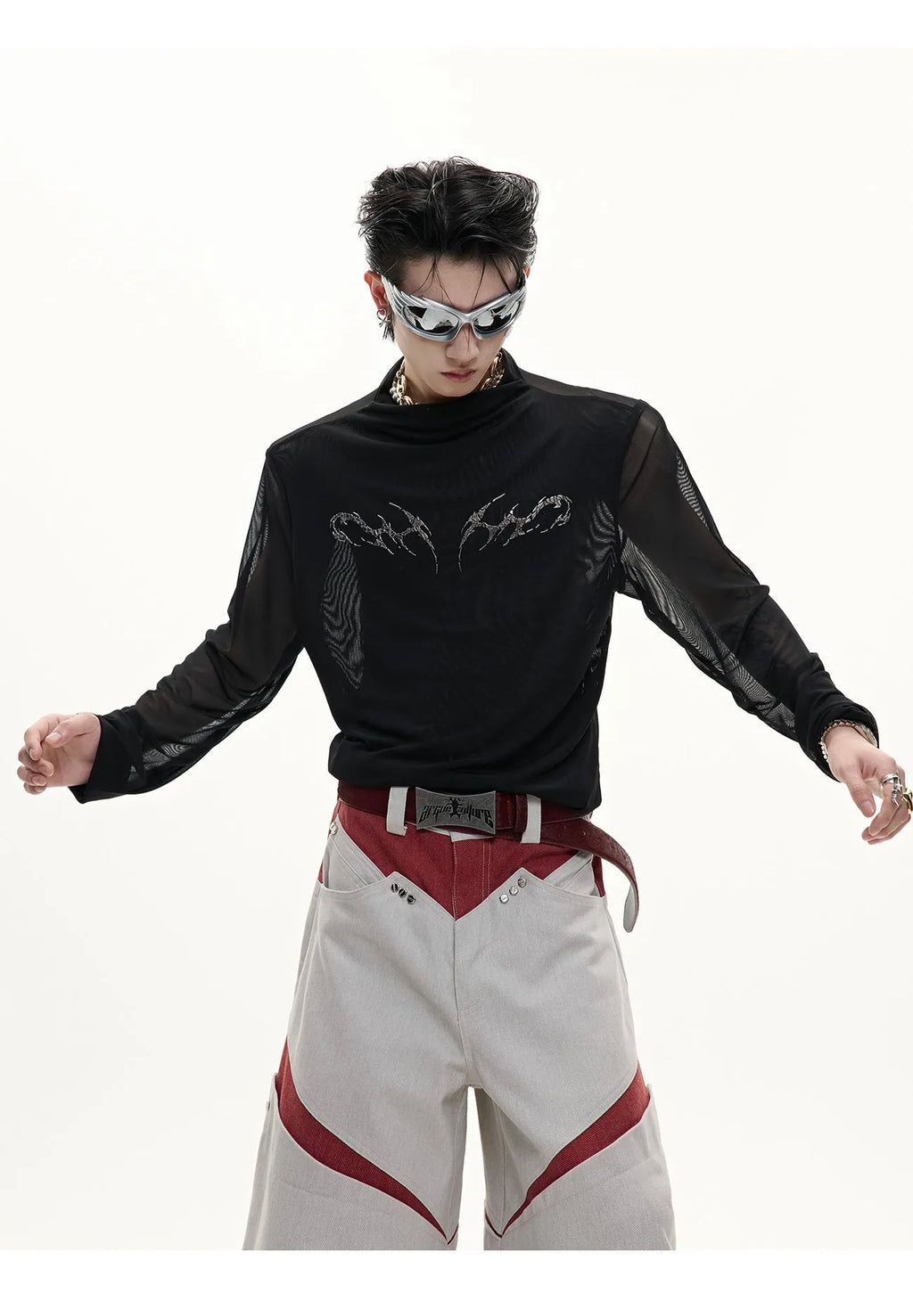 Black slim fit men's shirt with ice-feeling mesh panels and long sleeves on a white background.