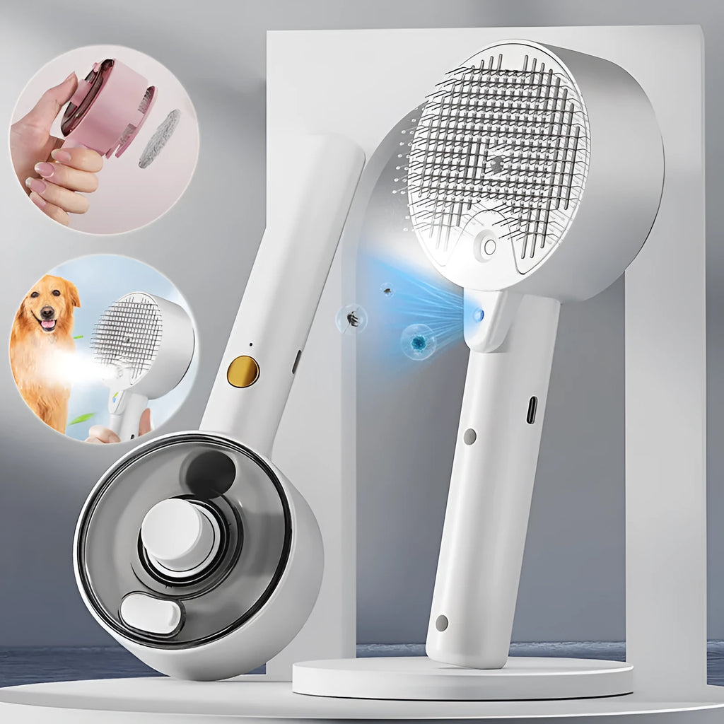 Ceramic white pet grooming brush with UVC light, spray nozzle, and fine soft needles for dogs and cats
