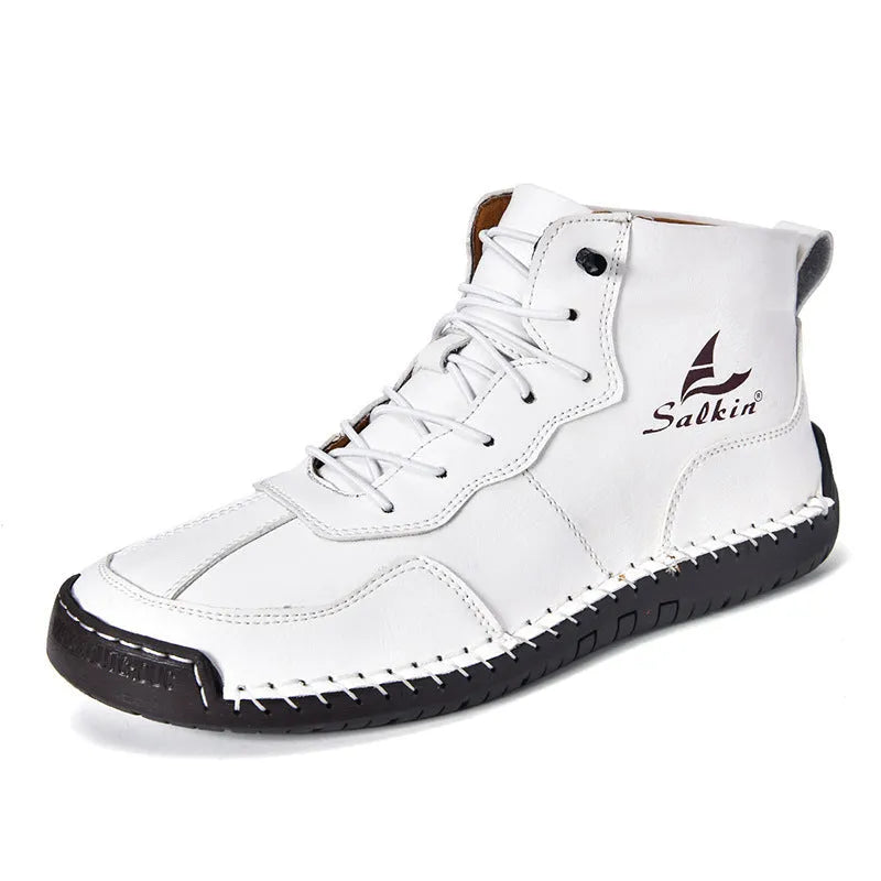 Retro high-top casual boots in beige with elastic band and flat rubber sole.
