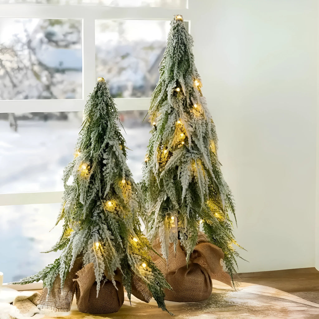 24 inch green artificial Christmas tree with LED lights and snow sprayer decoration on desktop