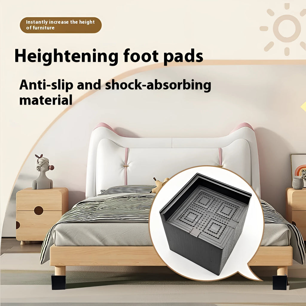 Four black plastic bed foot mats for raising furniture height with modern simple style