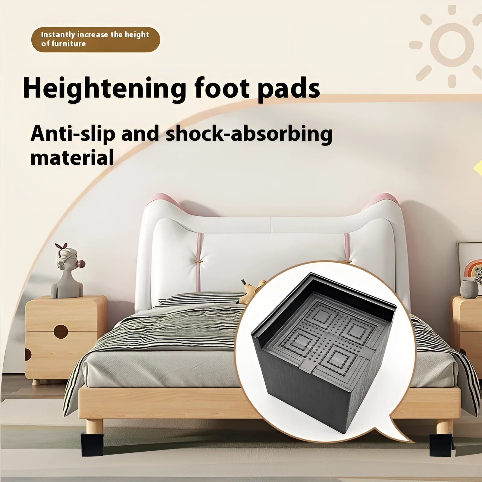 Four black plastic bed foot mats for raising furniture height with modern simple style