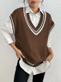 Women's college style wool vest sweater in acrylic blend fabric, loose fit, black blue coffee colour options