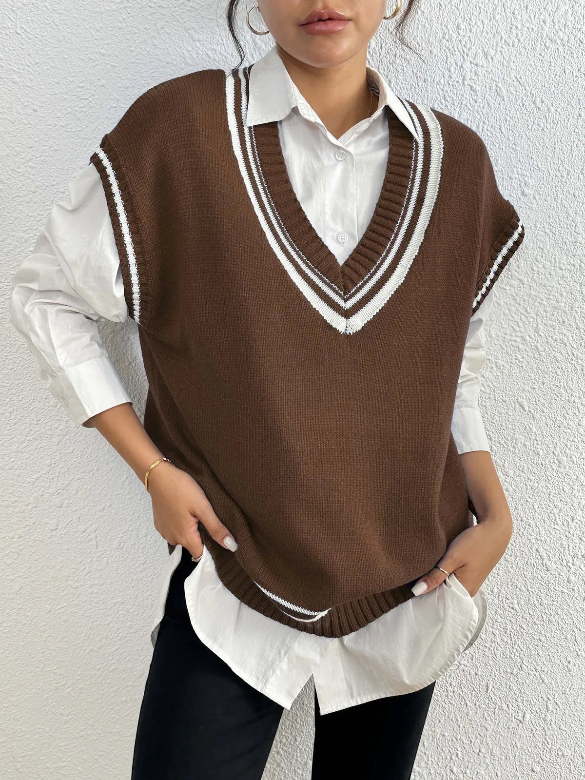 Women's college style wool vest sweater in acrylic blend fabric, loose fit, black blue coffee colour options