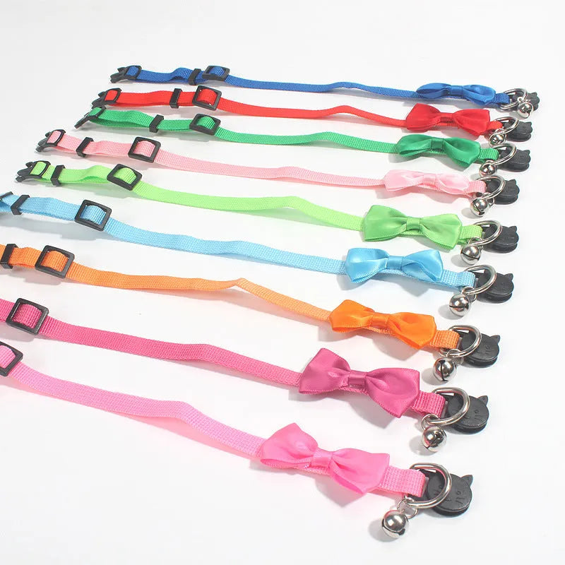 Striped adjustable cat bow collar with bell in multiple colour options