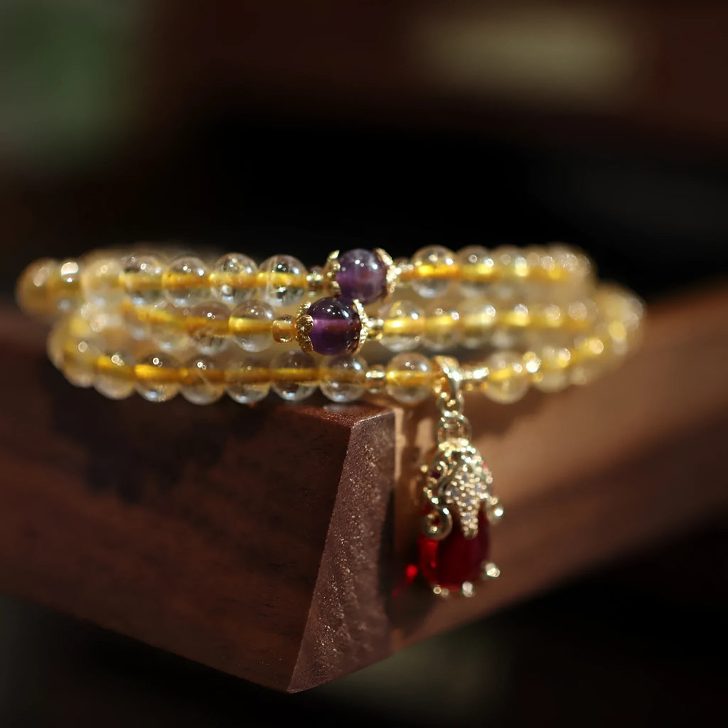 Natural Brazilian gold rutilated quartz bracelet with three circles and chopstick pendants in Chinese style