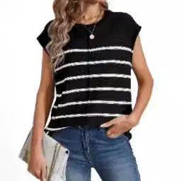 Women's striped sleeveless pullover vest in acrylic fabric with bone stitching detail