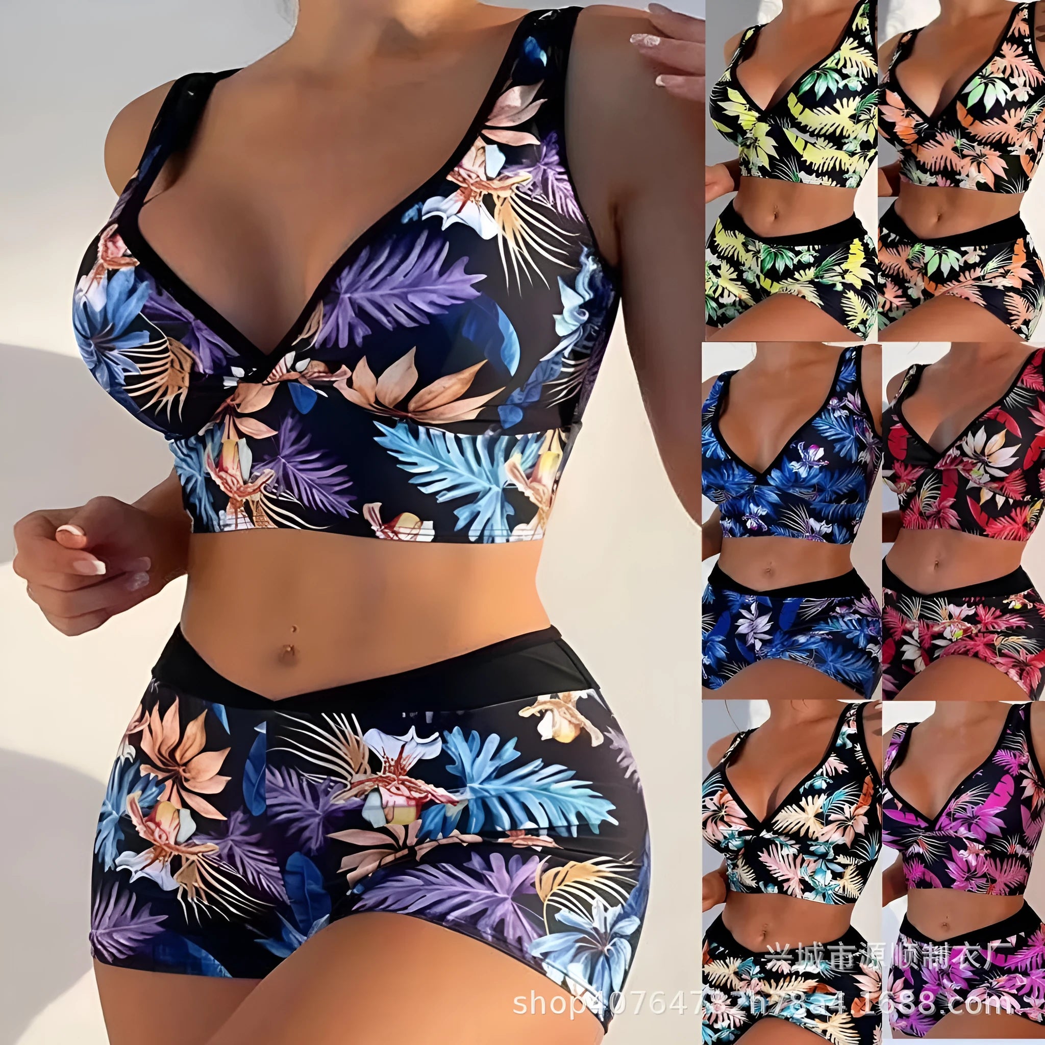 Women's two-piece swimsuit set with printed boxer briefs and sleeveless top on a hanger.