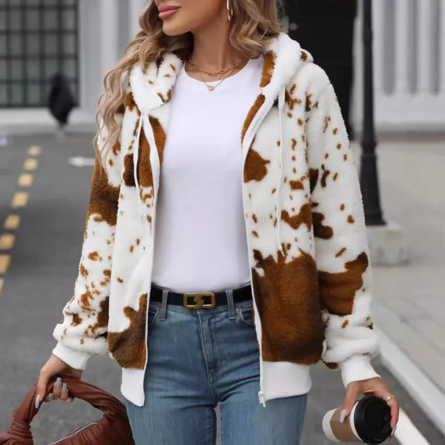 Yellow brown cow animal print hooded cardigan jacket with zipper and regular sleeves