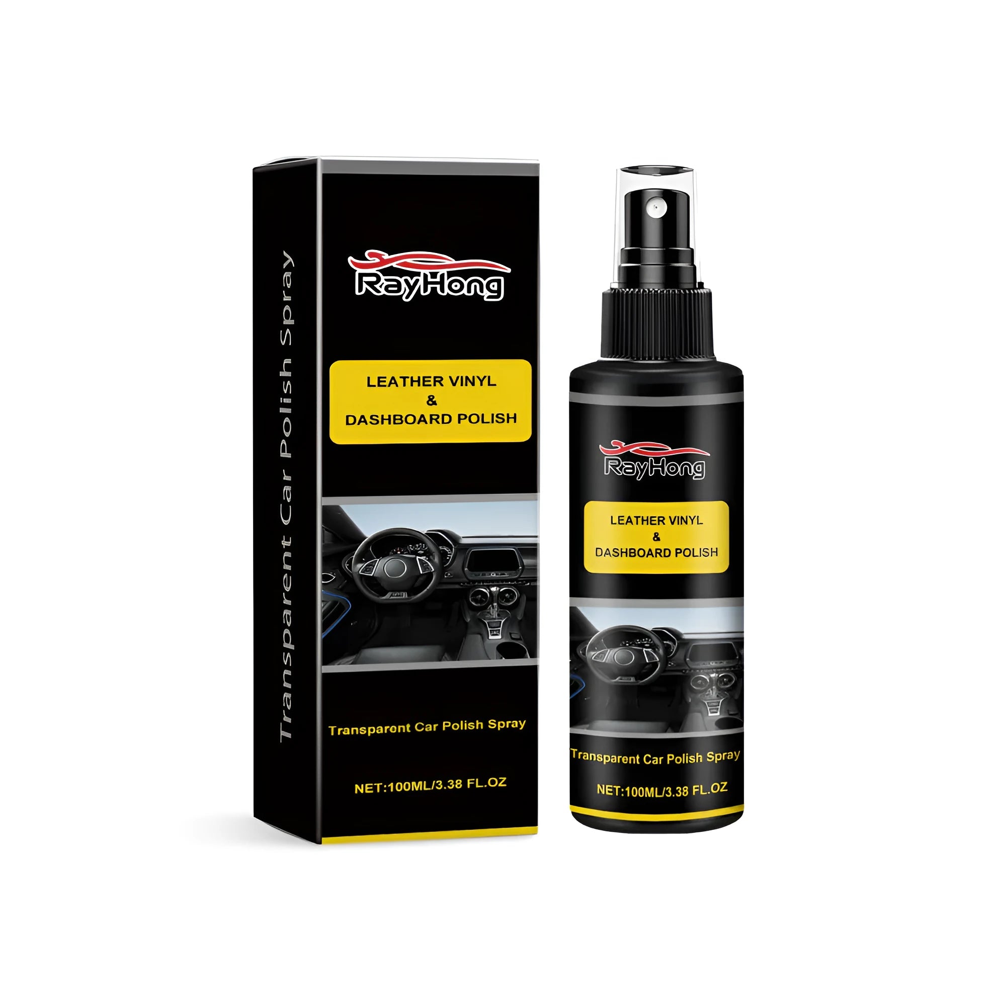 Car polishing spray aerosol canister measuring 3.7cm diameter by 14cm tall with packaging box