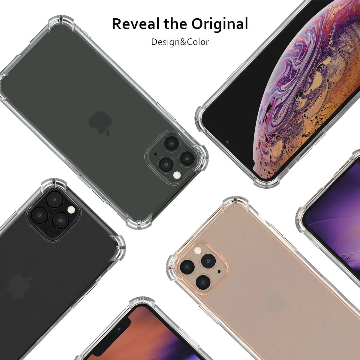 Clear transparent TPU shockproof phone case for Apple iPhone showing compatibility with multiple models