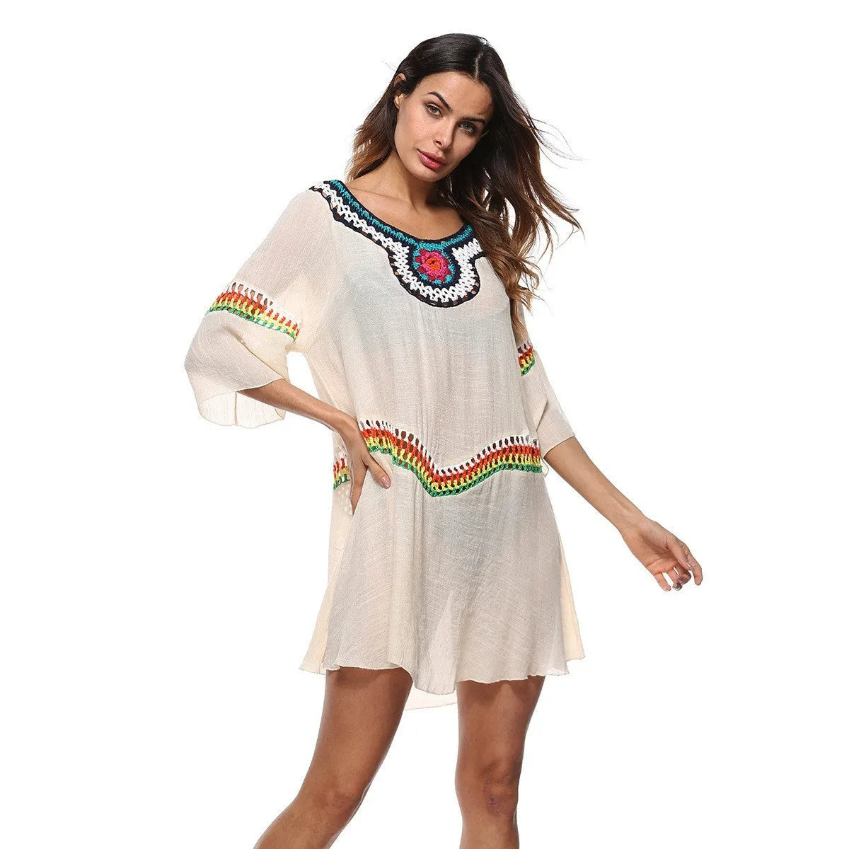 Women's crocheted ethnic style sun protection clothing beachwear in apricot colour