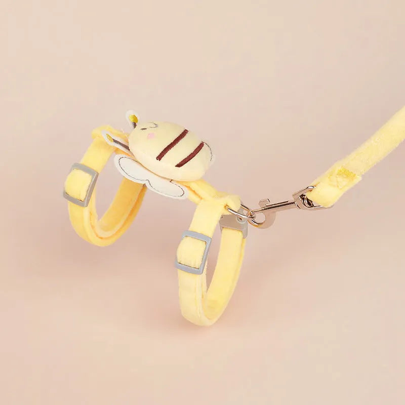 Bee-shaped adjustable cat harness and lead set in pink, yellow, or blue on a white background