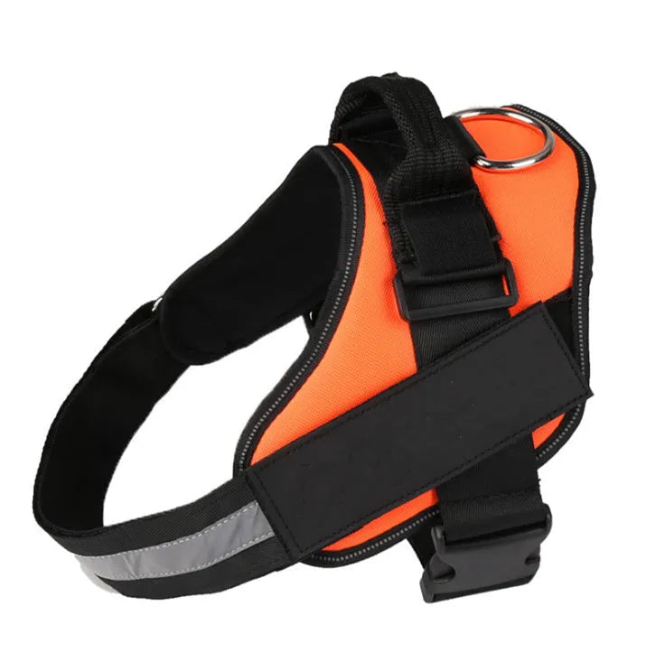 Adjustable no-pull dog harness vest with reflective strips and a chest strap, shown in various colours