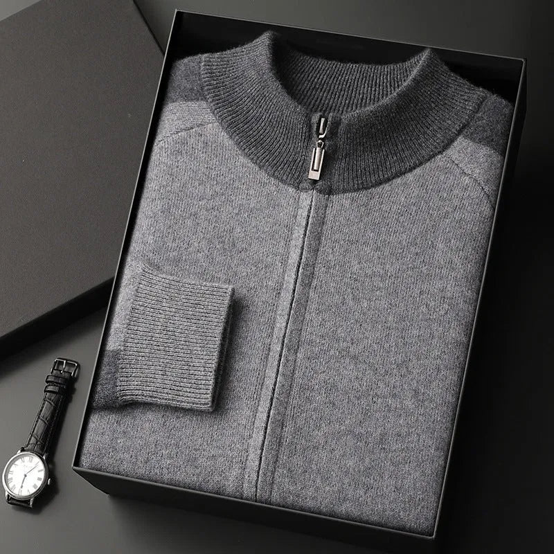 Men's navy blue cashmere wool blend knitted cardigan suit with half turtleneck top and matching trousers.