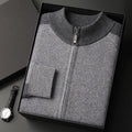 Men's navy blue cashmere wool blend knitted cardigan suit with half turtleneck top and matching trousers.