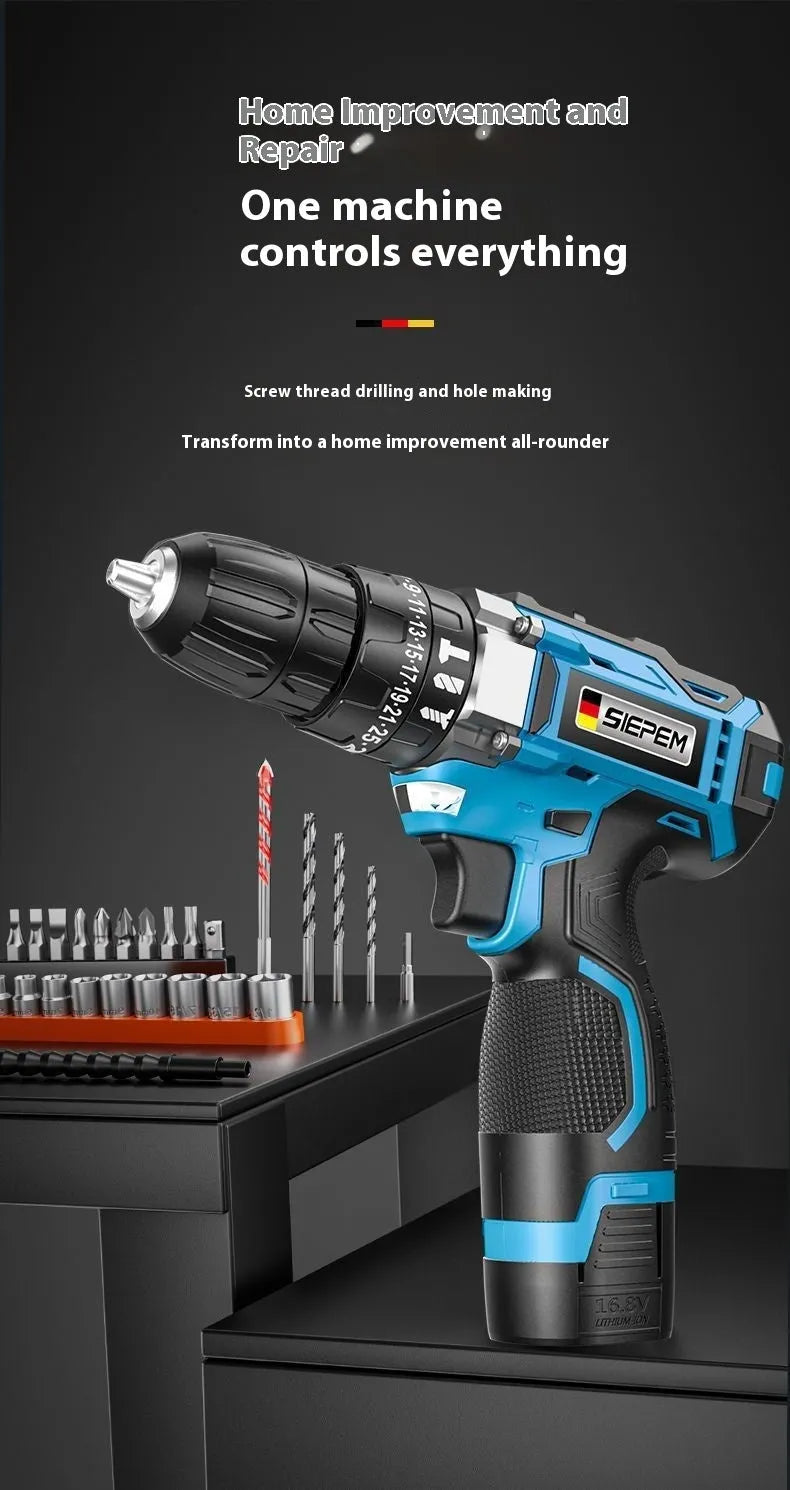 12V cordless impact pistol drill with metal chuck and accessories in plastic storage case
