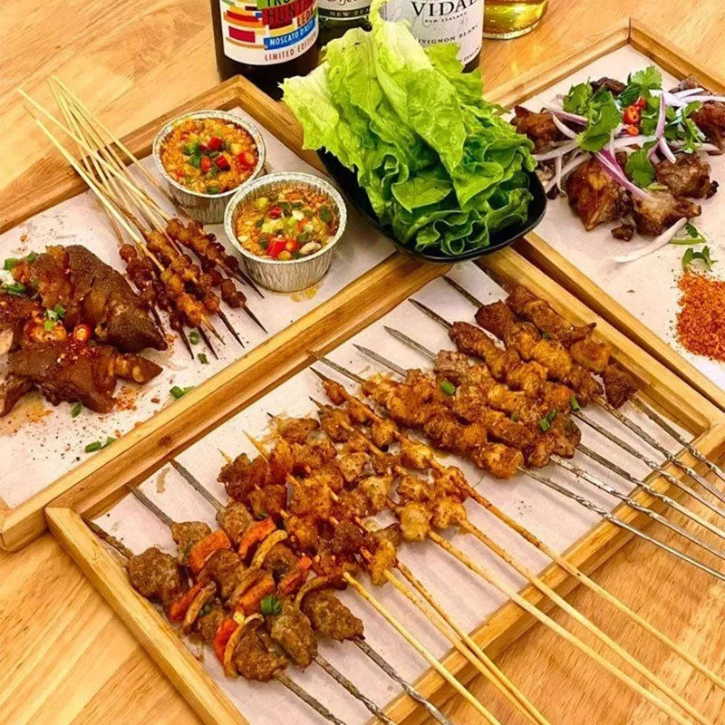 Brown handle bamboo serving tray with square shape and solid colour design
