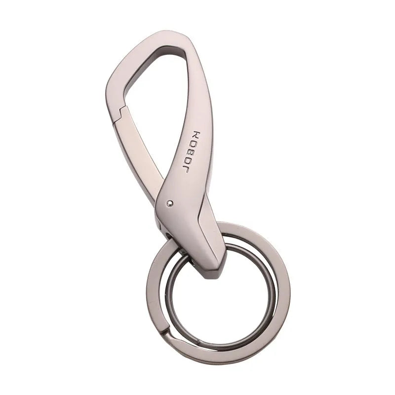Modern zinc alloy double ring car keychain in black, chrome, and nickel colours showing its 8.3cm by 3.5cm size.