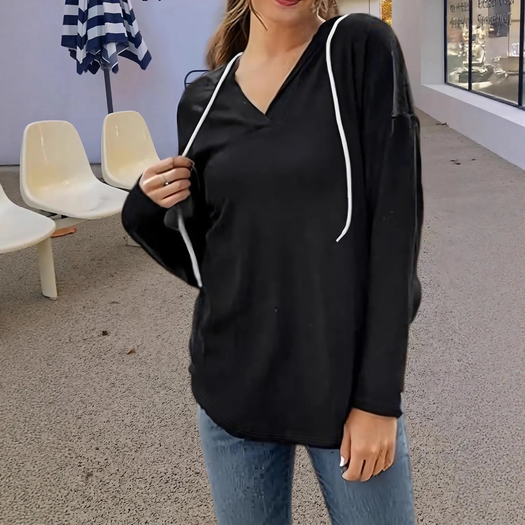 Women's red hooded sweatshirt with V-neck and long sleeves