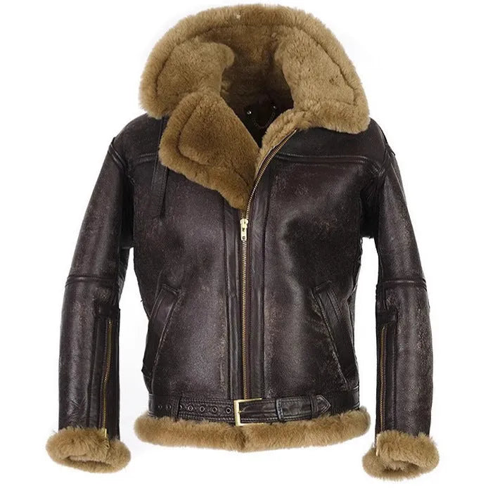 Men's brown retro western style synthetic leather fur coat with straight hem