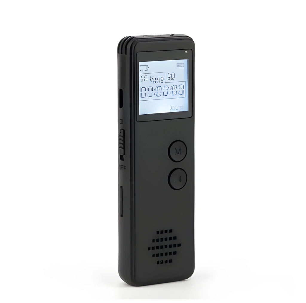 Black matte-finish digital voice recorder with screen, showing compact 88mm size.