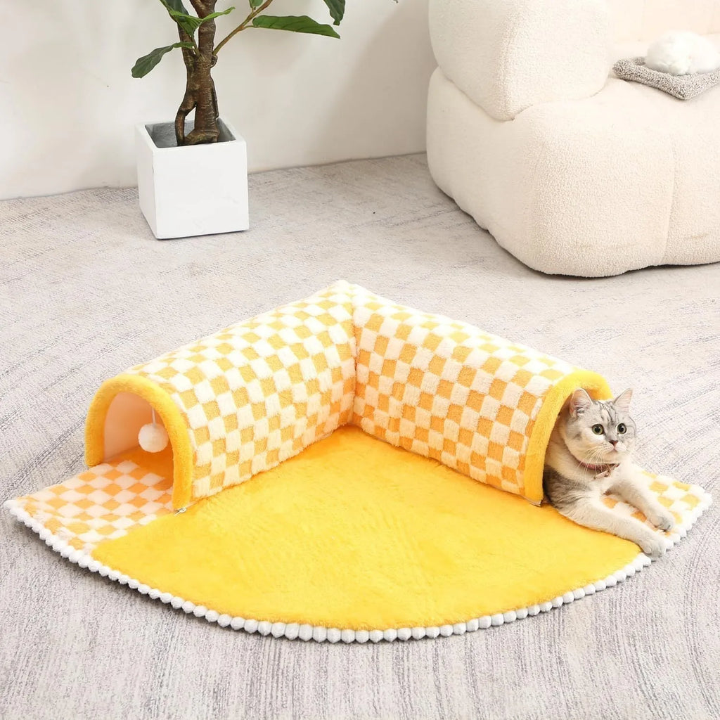 Fan-shaped plaid pet bed with attached tunnel for dogs and cats, coffee colour option