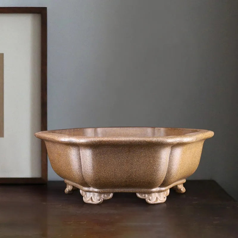 Large hexagonal purple sand bonsai plant pot with handmade terracotta finish