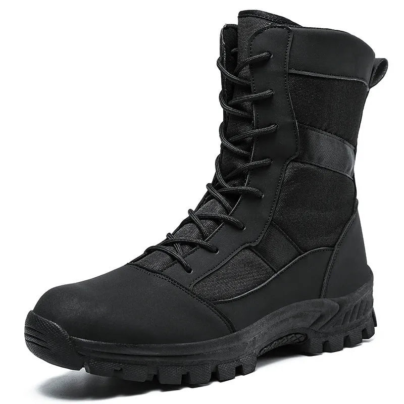 Men's black and camouflage high-top Martin boots with mesh upper and totem detailing, shown in sizes 39 to 46.