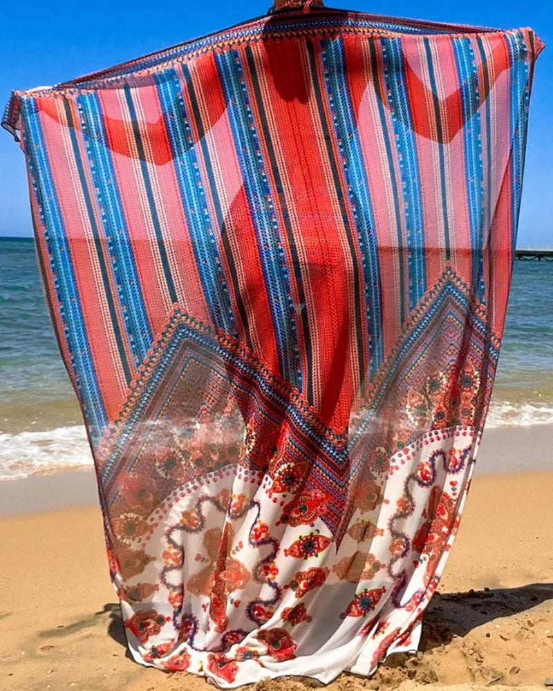 Women's three-piece swimsuit set showing high-waist briefs, cutout sleeveless top and matching coat in picture colour