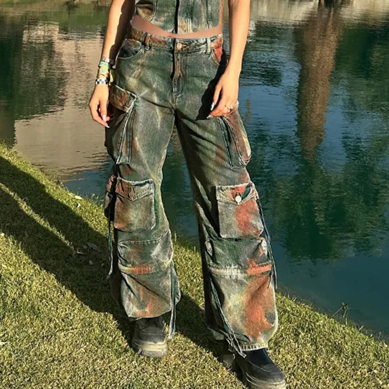 Retro colour blooming multi-pocket loose cargo denim trousers with gradient street hipster style