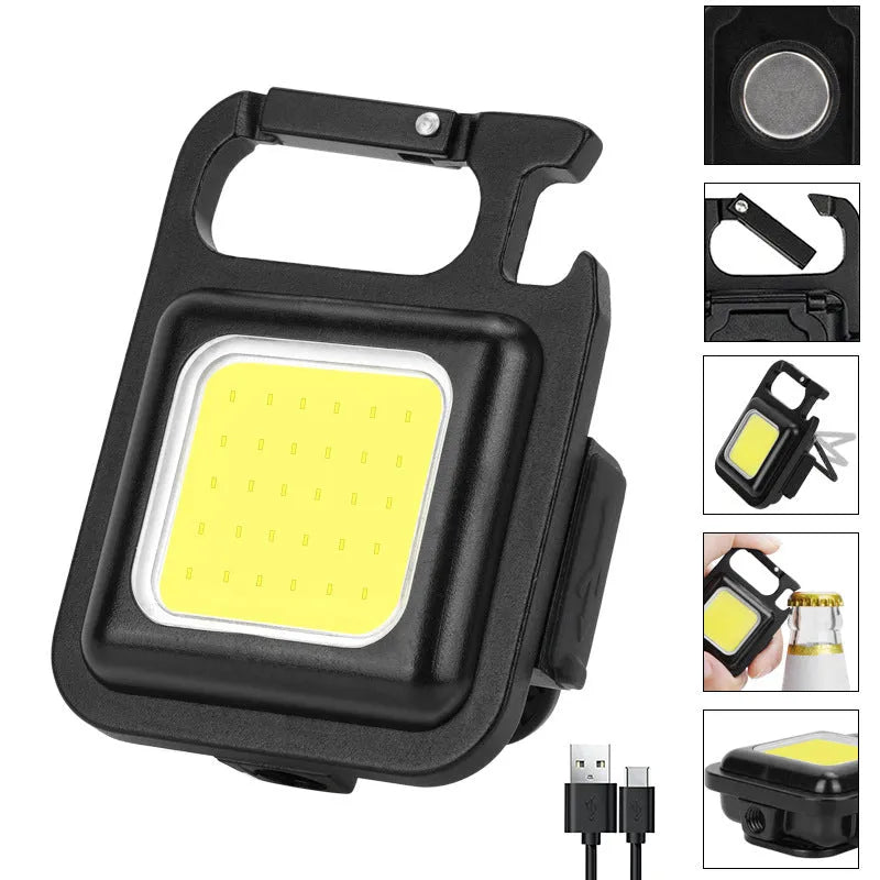 Black aluminum alloy USB rechargeable keychain light with magnetic base and foldable handle