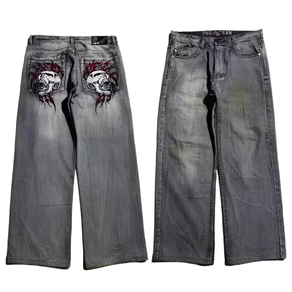 Grey washed-out men's wide-leg straight jeans with a mid-waist and zipper fly.