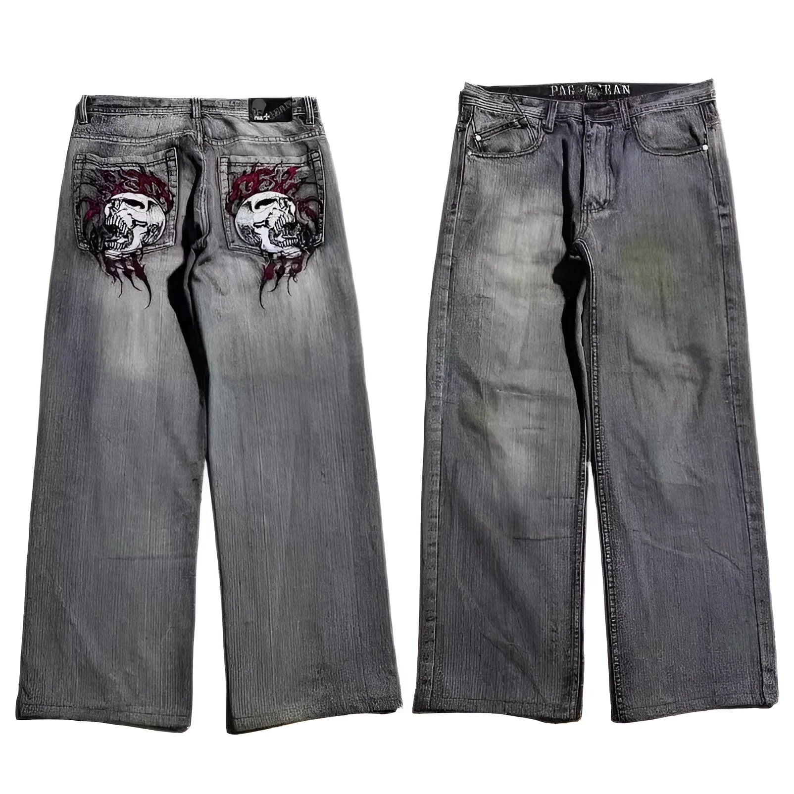 Grey washed-out men's wide-leg straight jeans with a mid-waist and zipper fly.