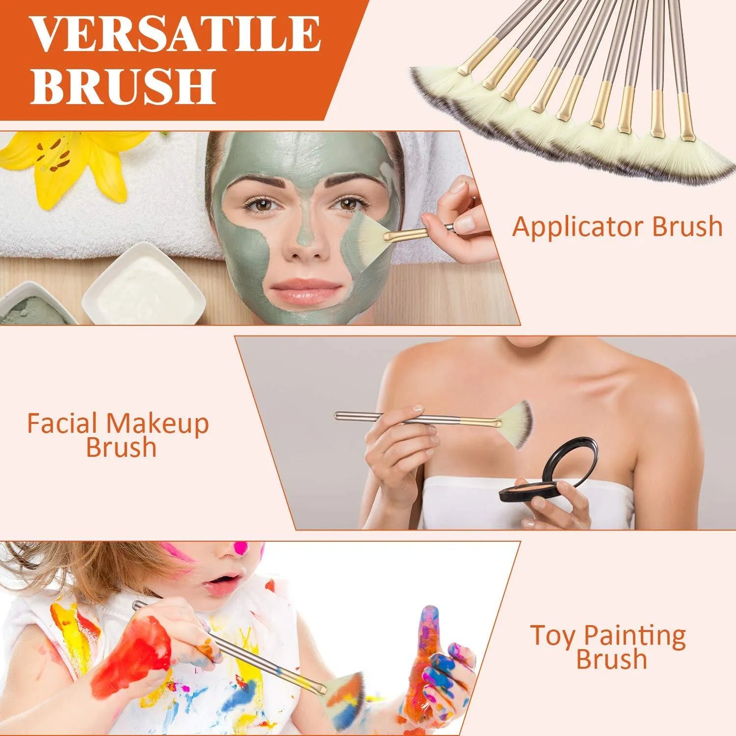 10 professional facial fan brushes with champagne finish acrylic handles and soft fibre bristles