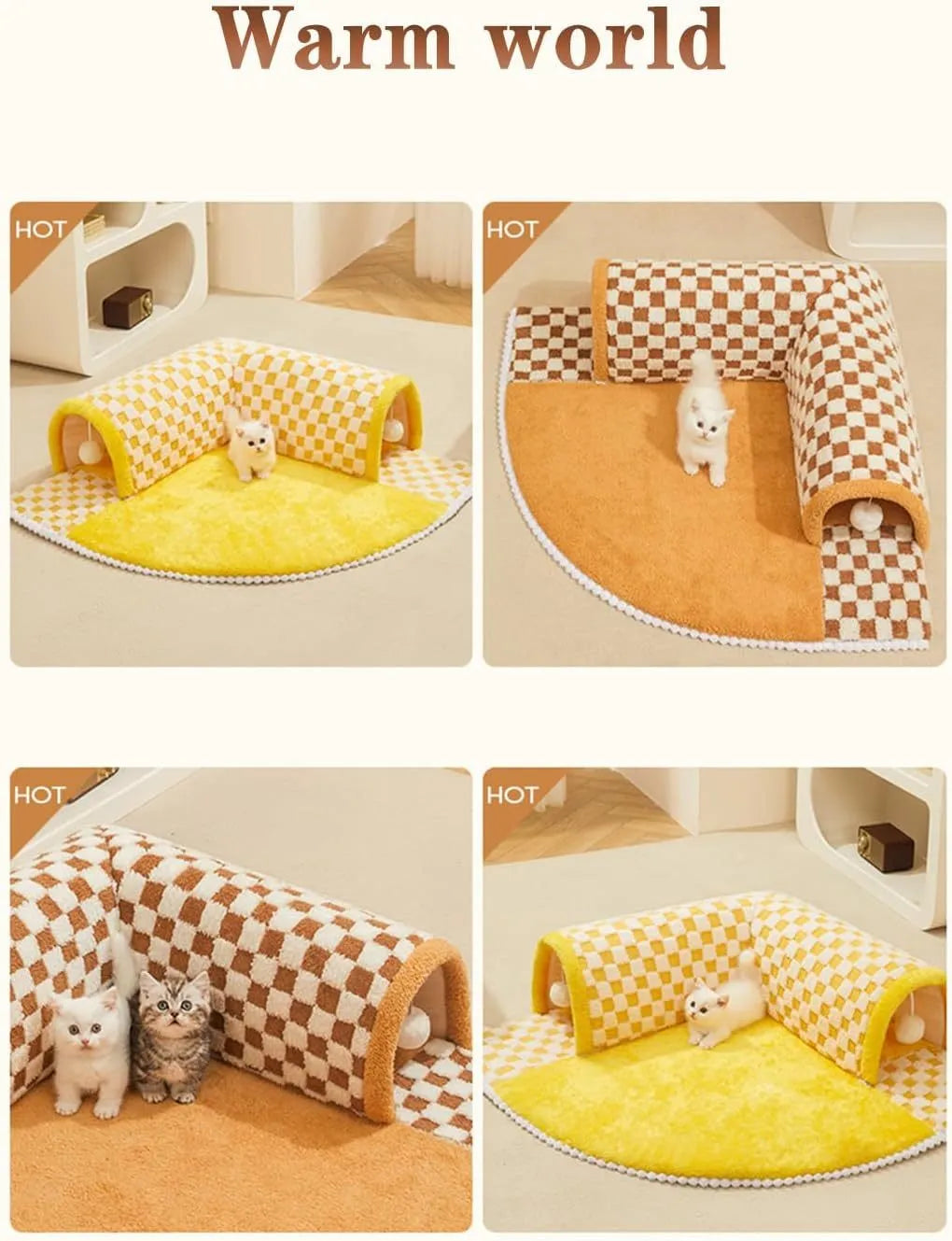 Brown plaid collapsible cat tunnel bed with central mat and zipper for indoor cats.