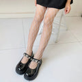 Women's black and white mesh stockings in large, medium, and small net patterns.