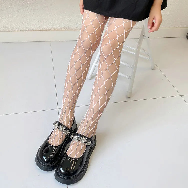 Women's black and white mesh stockings in large, medium, and small net patterns.