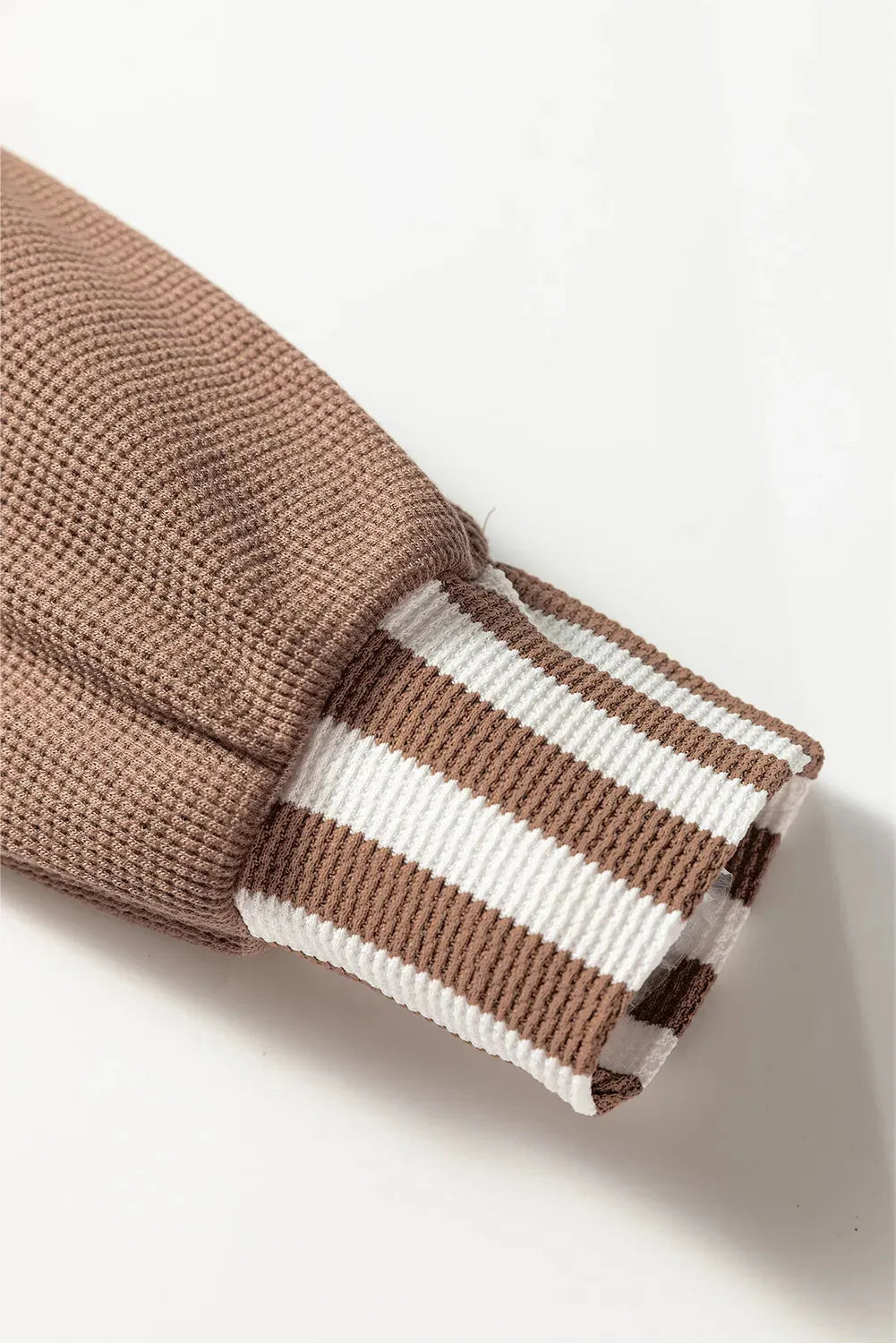 Straw yellow waffle texture ladies hoodie with striped patchwork and button neck closure