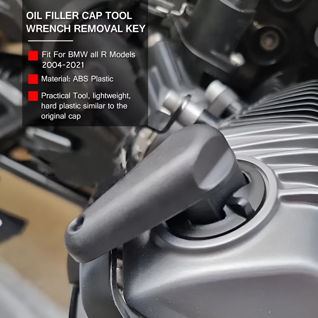 Black adhesive-backed quick release wrench for BMW motorcycle engine oil cap.