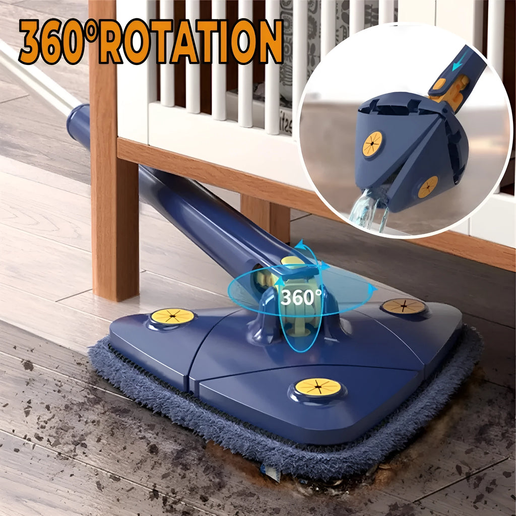 Blue extendable triangle cleaning mop with rotatable head on a stainless steel pole.