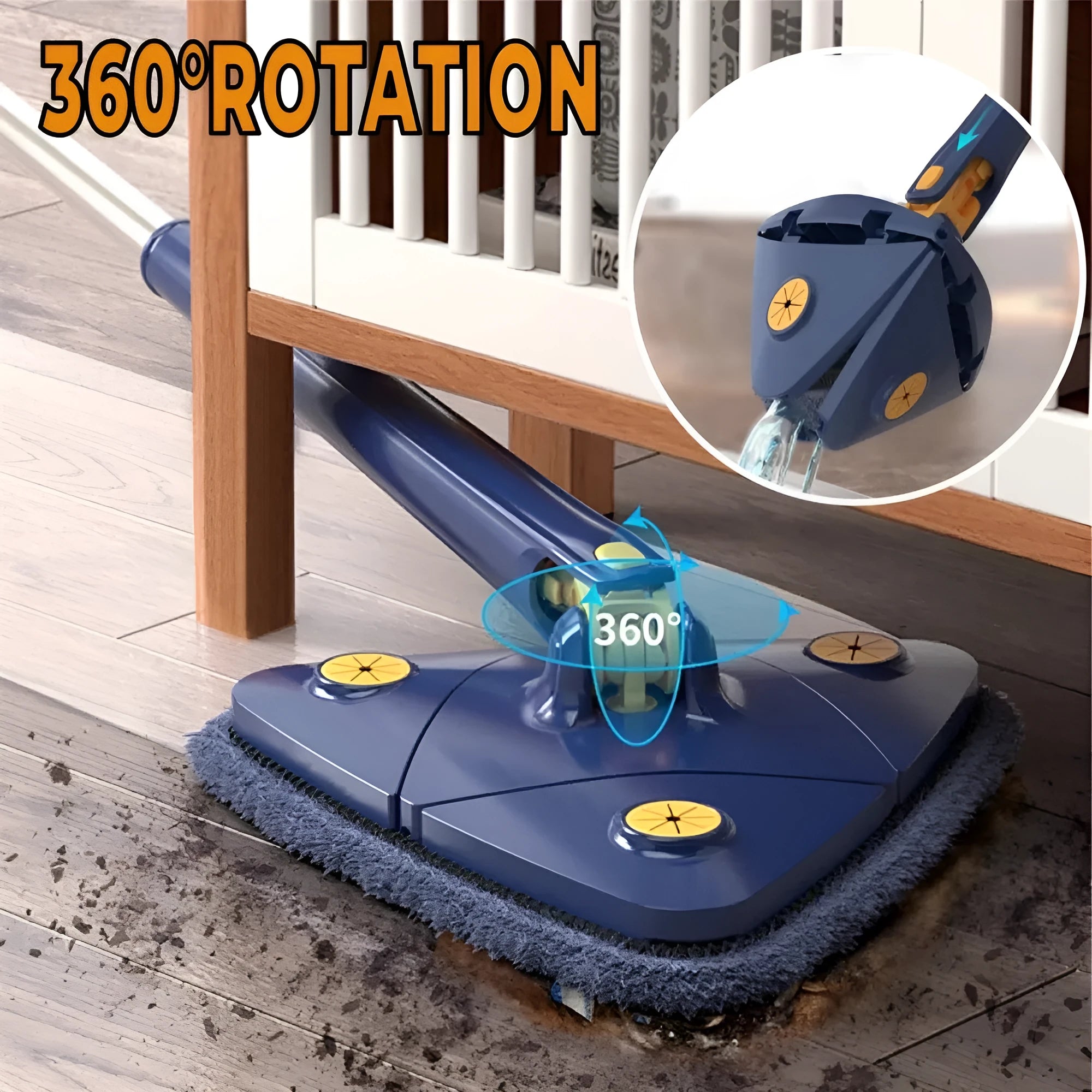 Blue extendable triangle cleaning mop with rotatable head on a stainless steel pole.