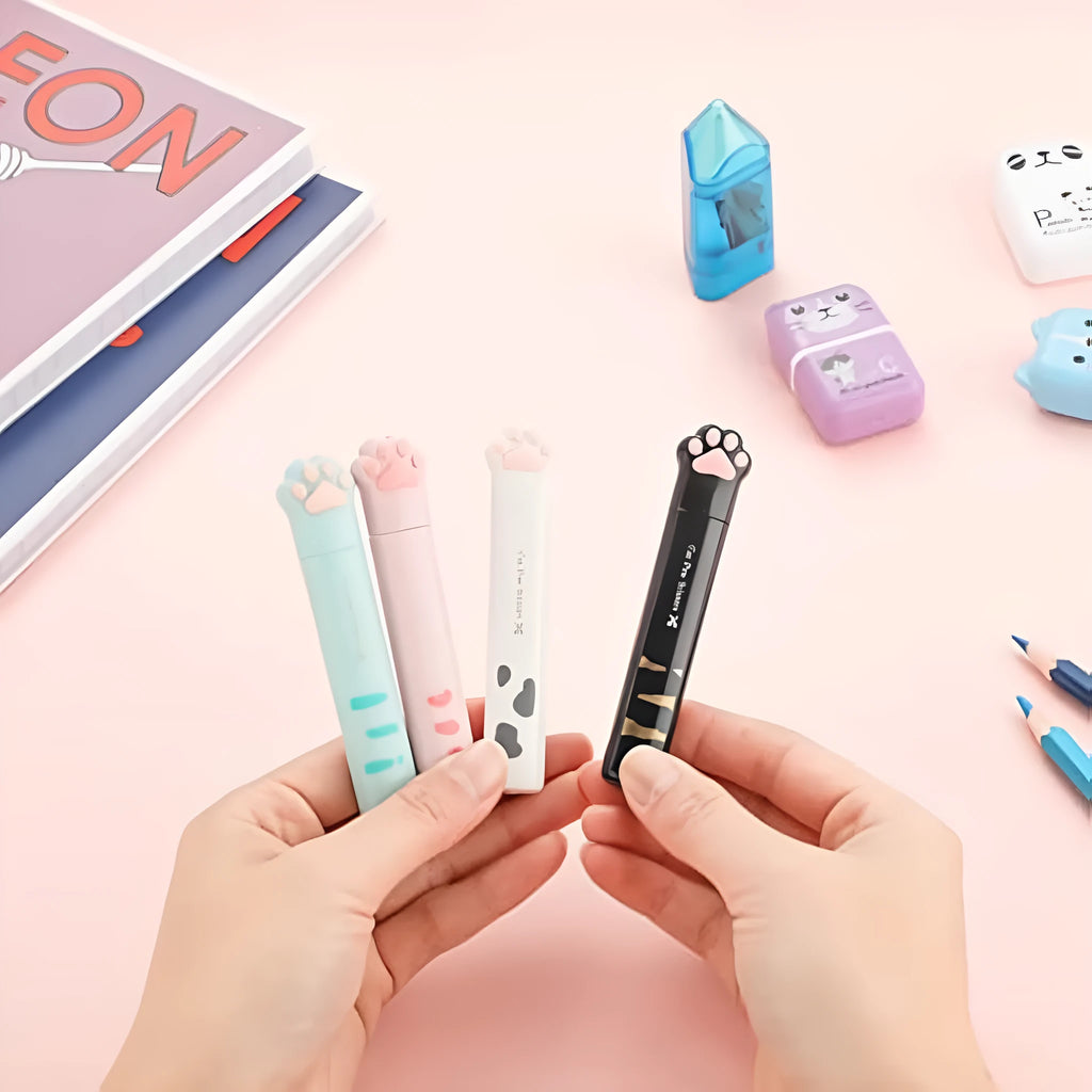 Cat paw mini folding safety scissors showing stainless steel blades and decorative handles in four colour options