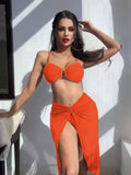 Multicolour three-piece bikini set for women with long culottes skirt, bra, and panties