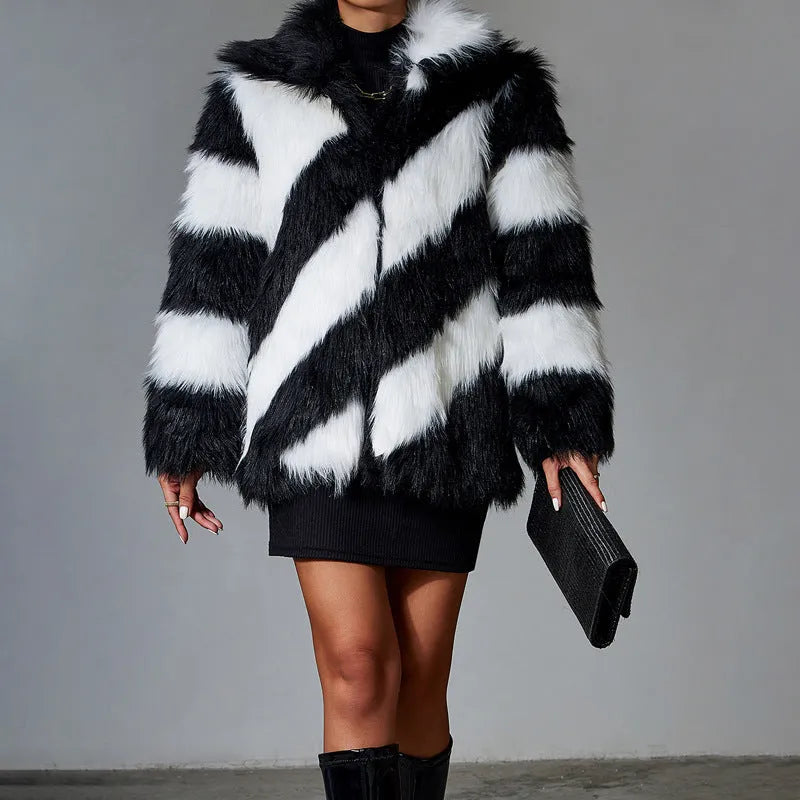 Picture colour faux fur coat with contrast lapels and fur collar, 50cm length with regular sleeves