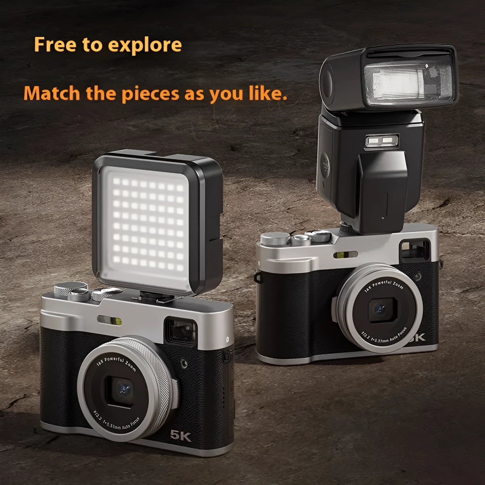Black 5K digital camera with front and rear lenses, a 2.88-inch screen, and an optical viewfinder on top.