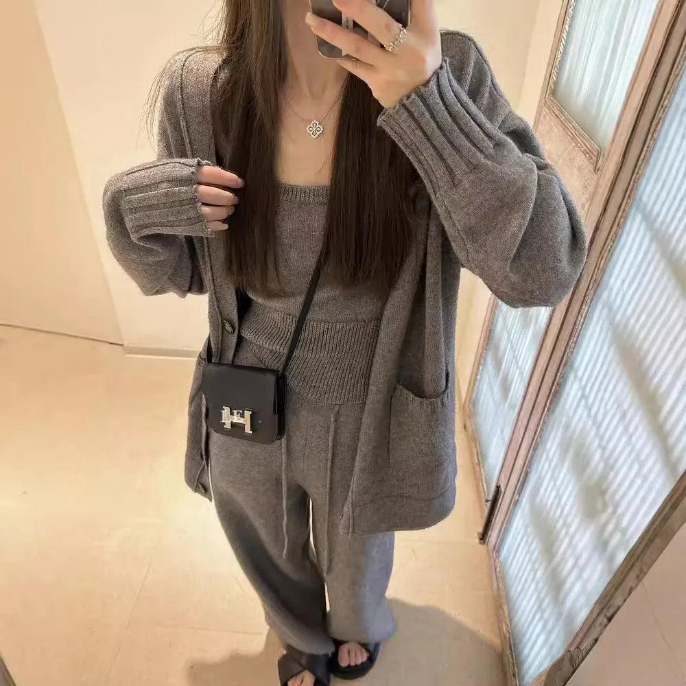 Women's knitted cardigan suspender pants three-piece set in wool blend fabric