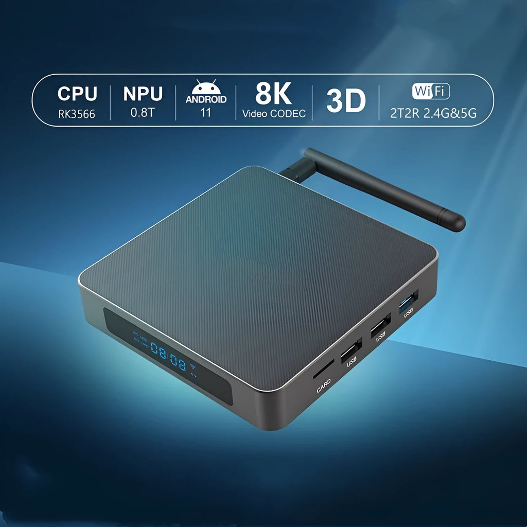 Compact black Android TV box with remote control and HDMI cable for 8K streaming