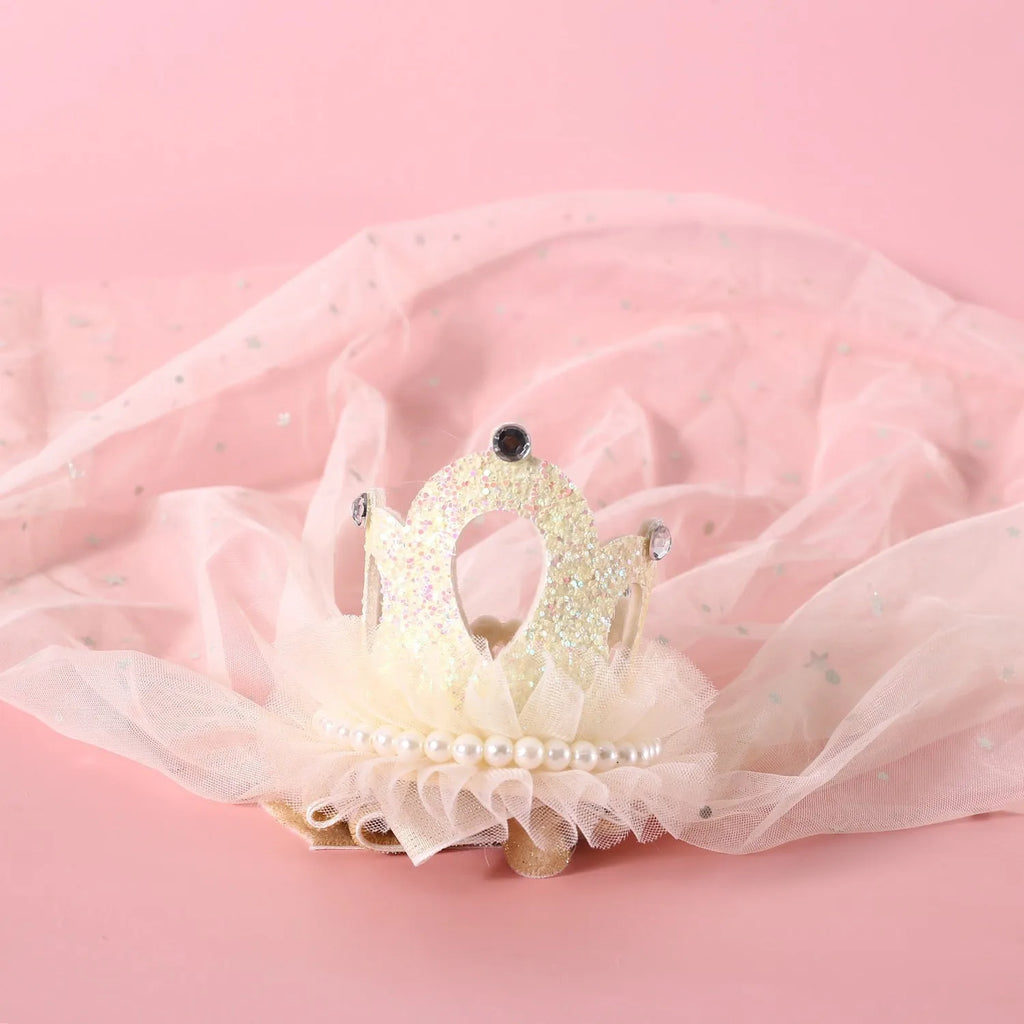 Pet cat wearing princess crown headdress with veil accessory for wedding birthday carnival costume
